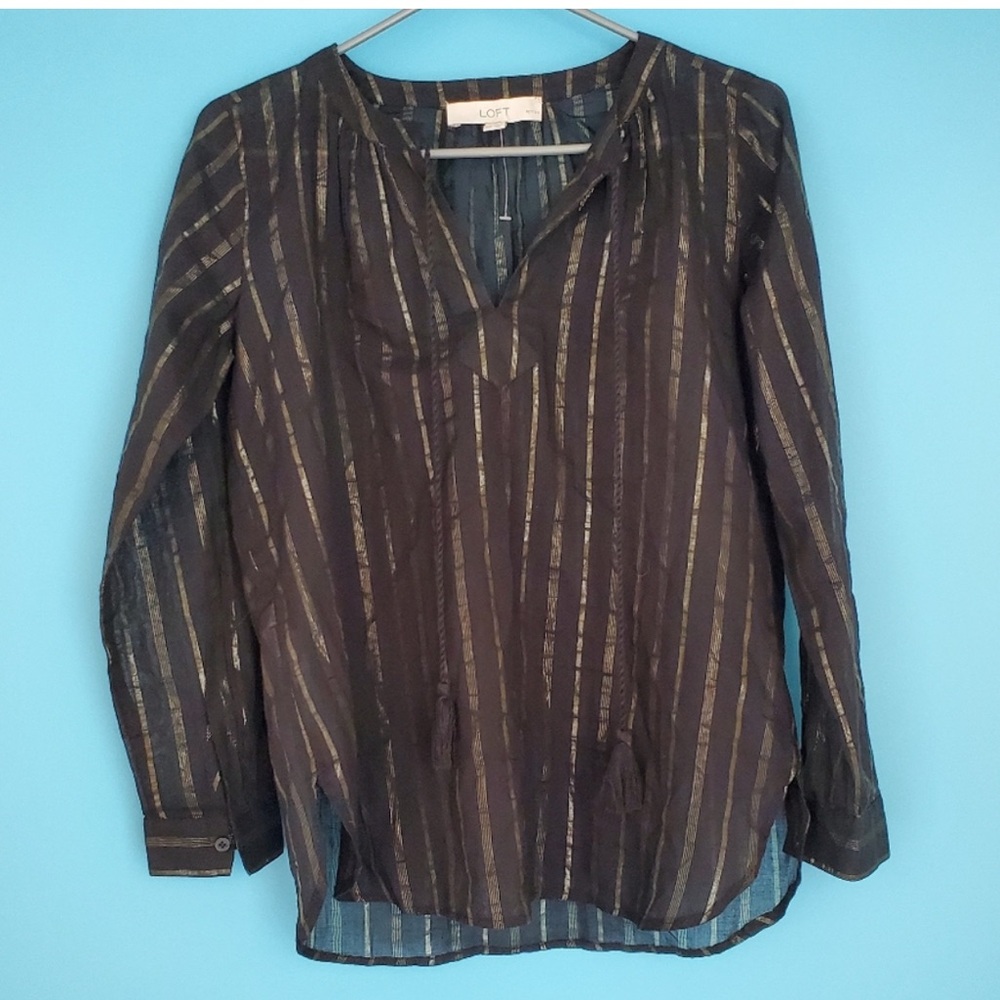 Ann Taylor (LOFT) XL Black Striped SplitNeck Tunic